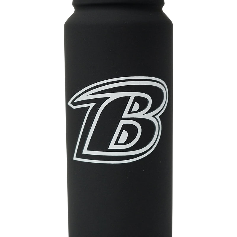 Close-up of the white Baltimore Ravens B logo printed on the matte black body of the water bottle.