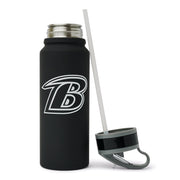 Baltimore Ravens water bottle with the lid removed, showing the wide stainless steel opening and the clear straw attached to the lid.