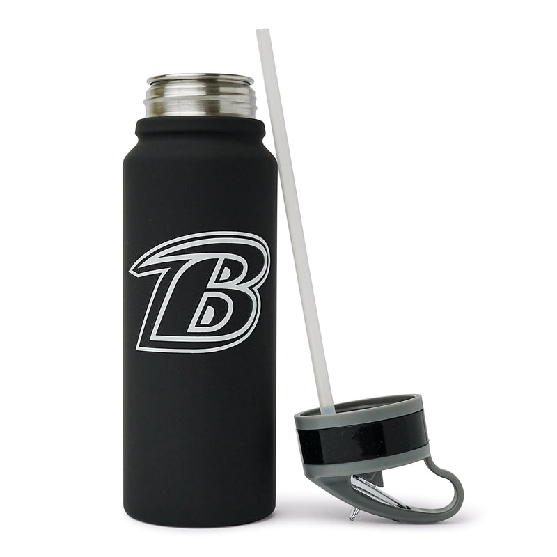Baltimore Ravens water bottle with the lid removed, showing the wide stainless steel opening and the clear straw attached to the lid.
