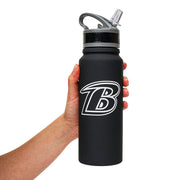 Hand holding the black Baltimore Ravens water bottle upright to show its size, with the white B logo facing forward.