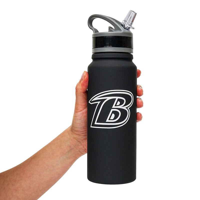 Hand holding the black Baltimore Ravens water bottle upright to show its size, with the white B logo facing forward.