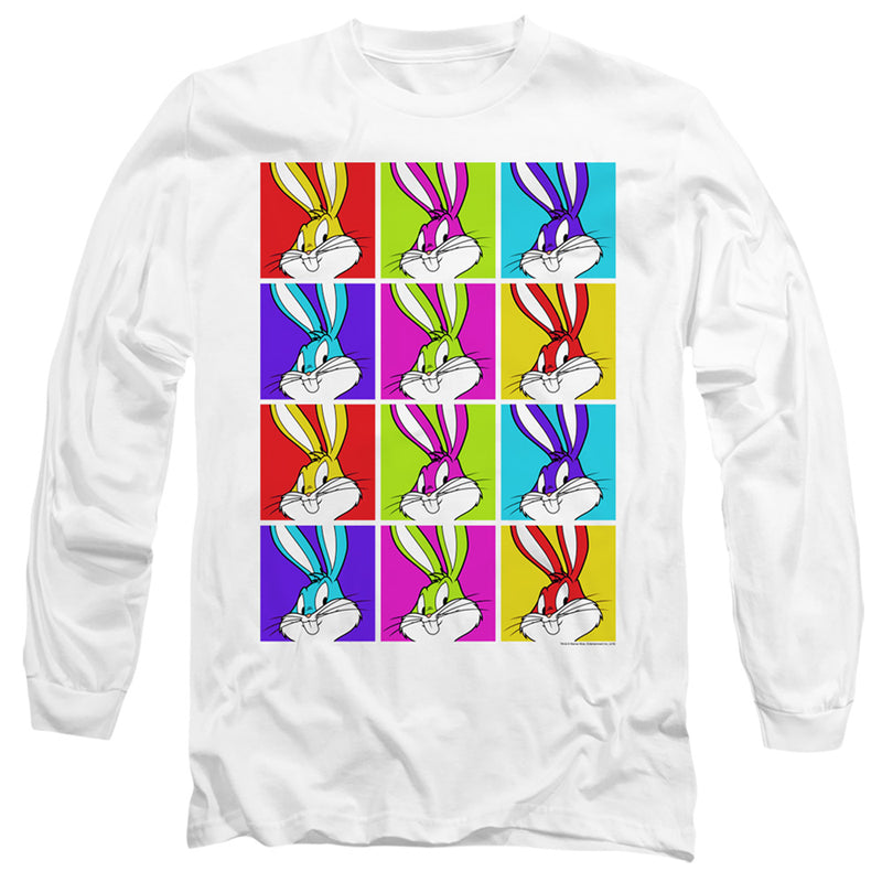 White long-sleeved shirt featuring a grid of twelve pop-art Bugs Bunny heads in bright, varied colors on solid square backgrounds.