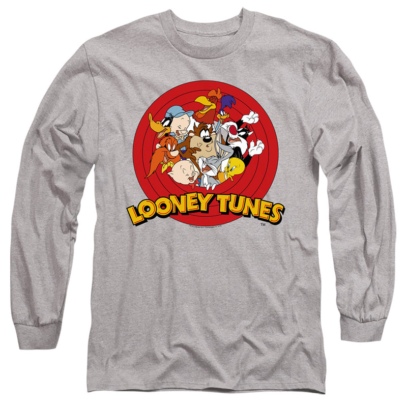 Heather gray long-sleeve shirt featuring a group of Looney Tunes characters before a red bullseye with the text 'Looney Tunes' in yellow below them.