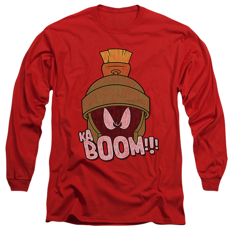 Red long-sleeved shirt featuring Marvin the Martian's helmet with a large white angry eye and the text 'KA BOOM!!!' in white below it.