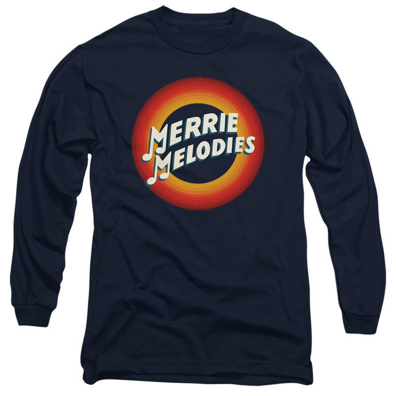 Navy long-sleeved shirt featuring the Merrie Melodies logo with the text 'Merrie Melodies' in cream over a red and yellow circle.