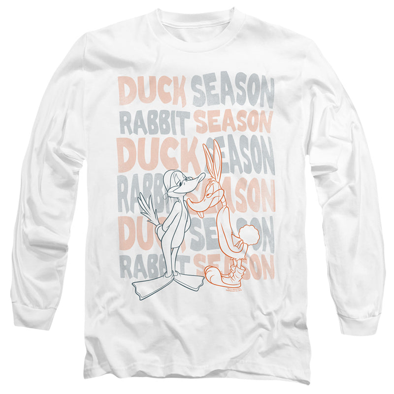 White long-sleeved shirt featuring outlined Daffy Duck and Bugs Bunny over the text 'Duck Season Rabbit Season' repeated in gray and peach.