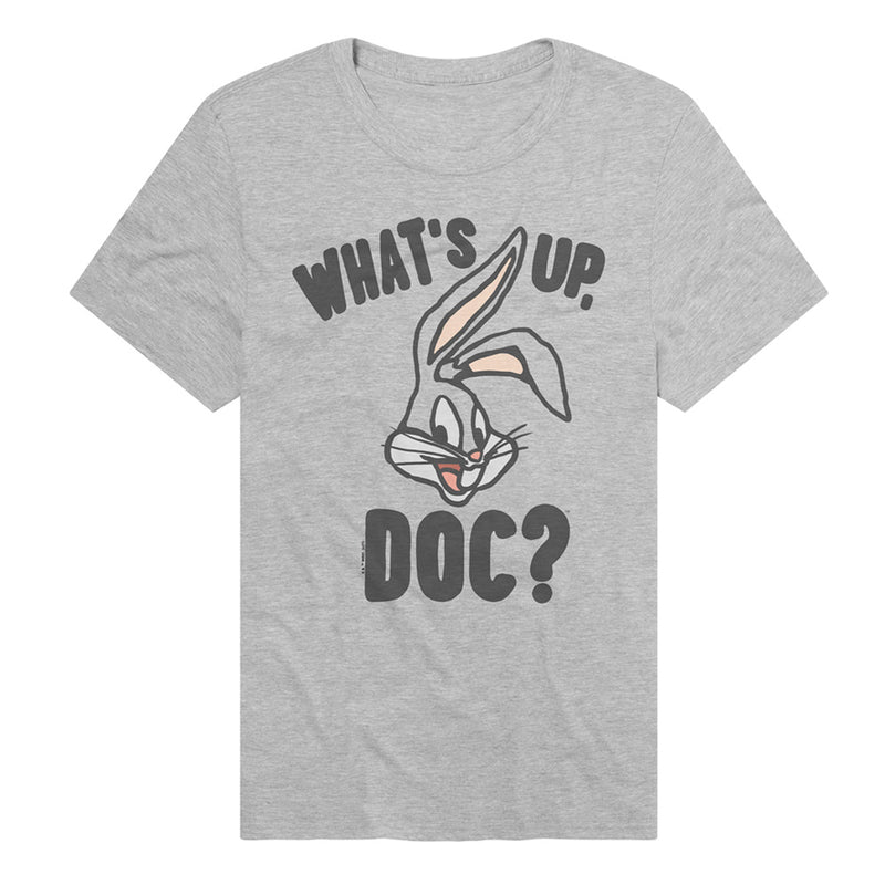Heather gray t-shirt featuring Bugs Bunny face graphic with the text 'WHAT'S UP, DOC?' in dark gray above and below it.