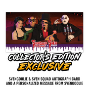 Promotional graphic for a Svengoolie & Sven Squad collector's edition autograph card. The top portion shows four Svengoolie characters in costume seated in a theater setting, with the Svengoolie & Sven Squad logo across the middle.