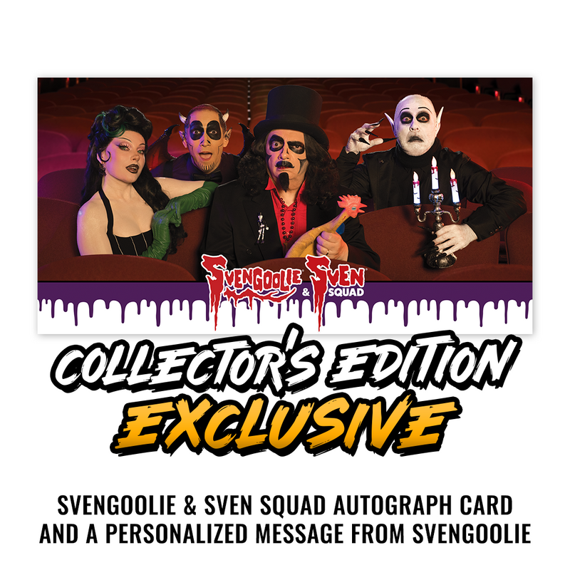 Promotional graphic for a Svengoolie & Sven Squad collector's edition autograph card. The top portion shows four Svengoolie characters in costume seated in a theater setting, with the Svengoolie & Sven Squad logo across the middle.