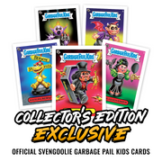 Five official Svengoolie Garbage Pail Kids Collector's Edition cards displayed together on a white background with large promotional text below.