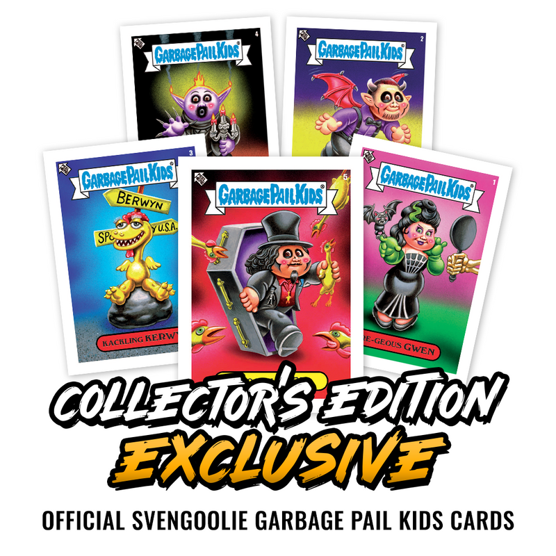 Five official Svengoolie Garbage Pail Kids Collector's Edition cards displayed together on a white background with large promotional text below.