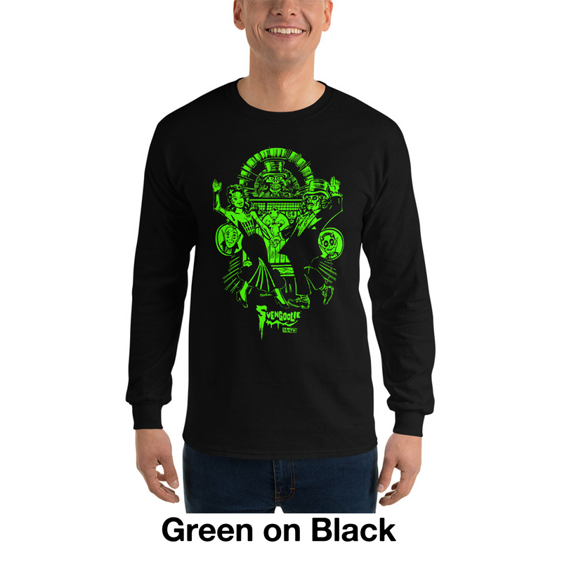 Model wearing black long-sleeve shirt featuring a green Joe Staton illustration of Svengoolie and Gwengoolie dancing in a vintage nightclub scene with the text 'Svengoolie' in green below it.