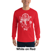 Model wearing red long-sleeve shirt featuring white line art of dancing characters with the text 'Svengoolie' in white below the graphic.
