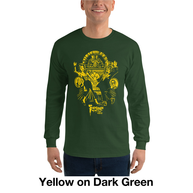 Model wearing dark green long-sleeved shirt featuring a yellow Joe Staton illustration of Svengoolie and Gwengoolie dancing in a vintage nightclub scene with the text 'Svengoolie' in yellow below it.