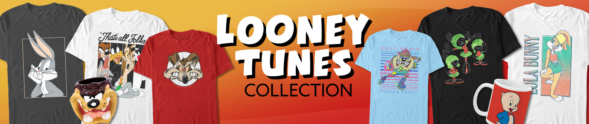 A promotional banner for a Looney Tunes collection featuring multiple t-shirts. The center has a large white text overlay reading 'LOONEY TUNES COLLECTION' on an orange background, featuring mugs shirts in white, black, red and blue, each displaying various Looney Tunes-themed graphics, logos, and illustrations.