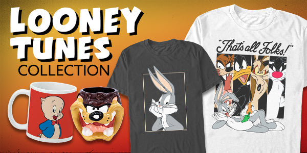 A promotional banner for a Looney Tunes collection featuring multiple t-shirts. The center has a large white text overlay reading 'LOONEY TUNES COLLECTION' on an orange background, featuring mugs shirts in white, black, red and blue, each displaying various Looney Tunes-themed graphics, logos, and illustrations.