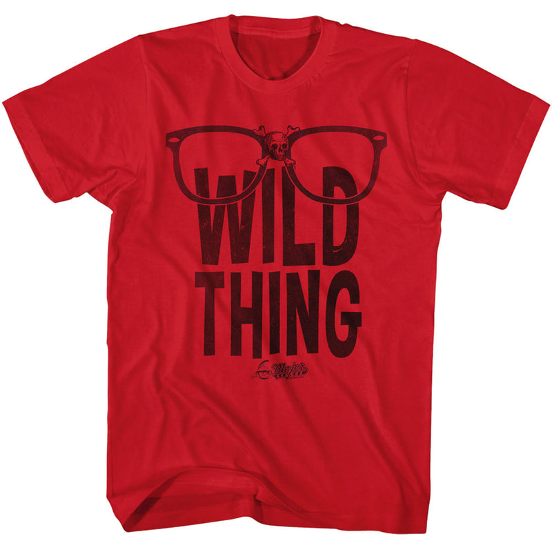 Red short-sleeved t-shirt featuring dark red glasses with a skull and crossbones at the bridge, with the text 'WILD THING' in dark red below.