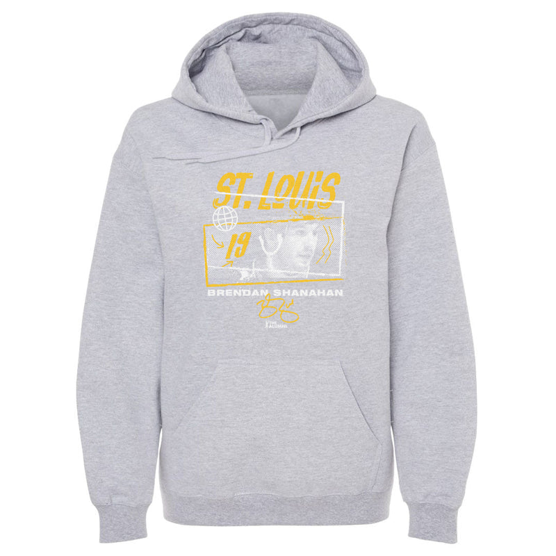 Gray hoodie featuring a Brendan Shanahan halftone photo with the text 'ST. LOUIS' in yellow above and 'BRENDAN SHANAHAN' in white below.