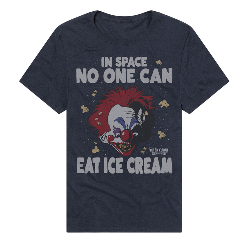 Navy t-shirt featuring the Killer Klowns clown face between the text 'IN SPACE NO ONE CAN' and 'EAT ICE CREAM' in gray.