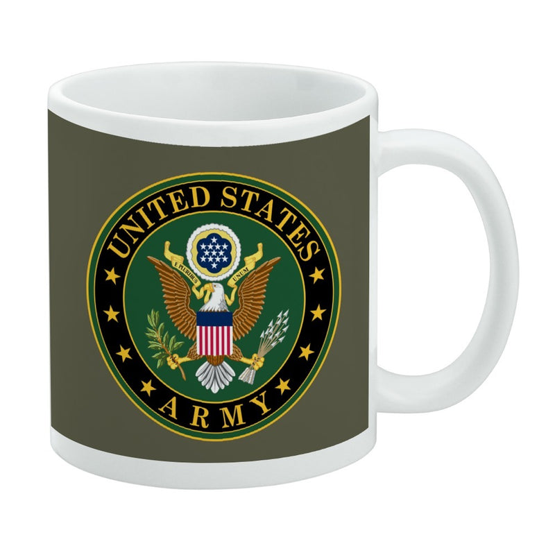 Olive green and white mug featuring the United States Army eagle seal logo with the text 'UNITED STATES' above and 'ARMY' below in gold.