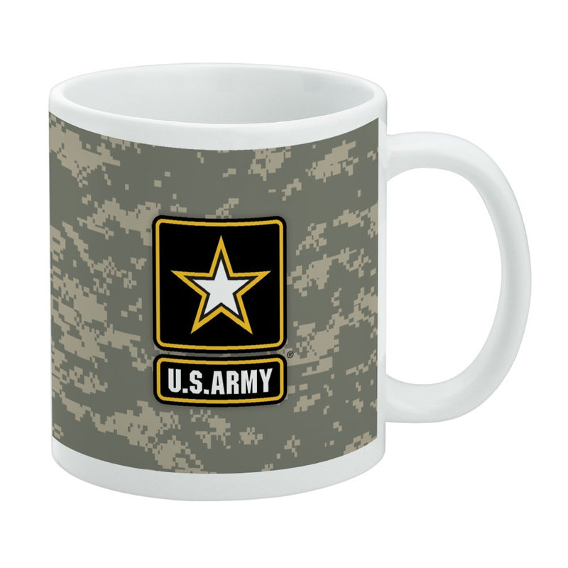 White mug with a green and tan digital camouflage pattern featuring the U.S. Army star logo with the text 'U.S.ARMY' in white below it.