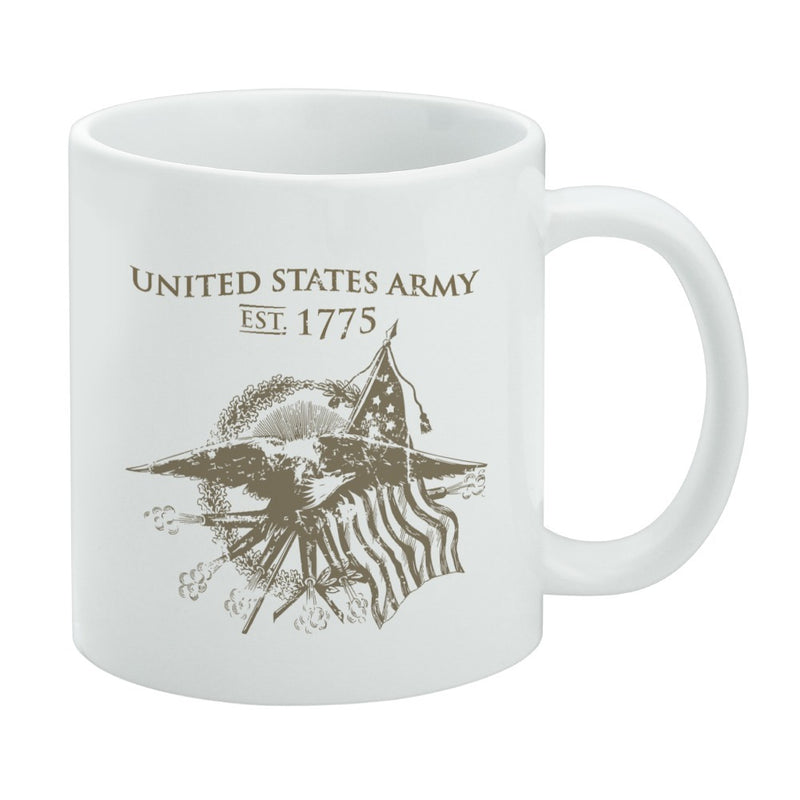 White mug featuring a tan eagle, flags, and crossed muskets graphic with the text 'United States Army' and 'EST. 1775' in tan above it.