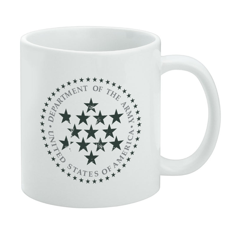 White mug featuring a distressed Army seal with green stars and the text 'Department of the Army' around the edge.