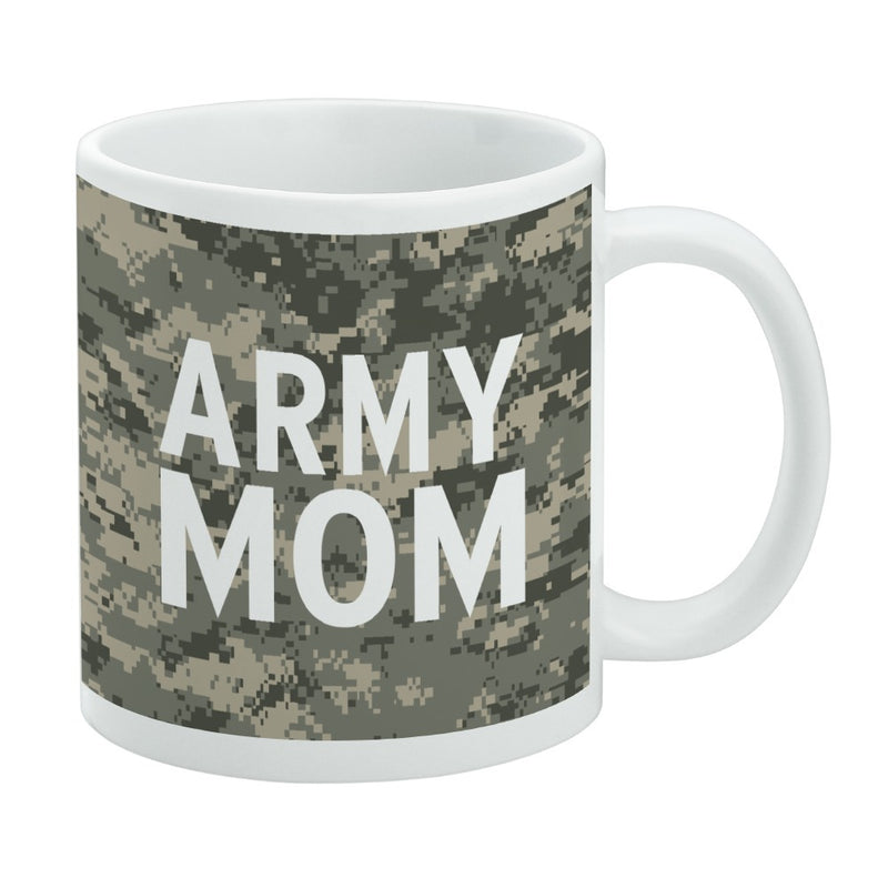 White ceramic mug with a digital camouflage pattern featuring the text 'ARMY MOM' in large white letters across the front.