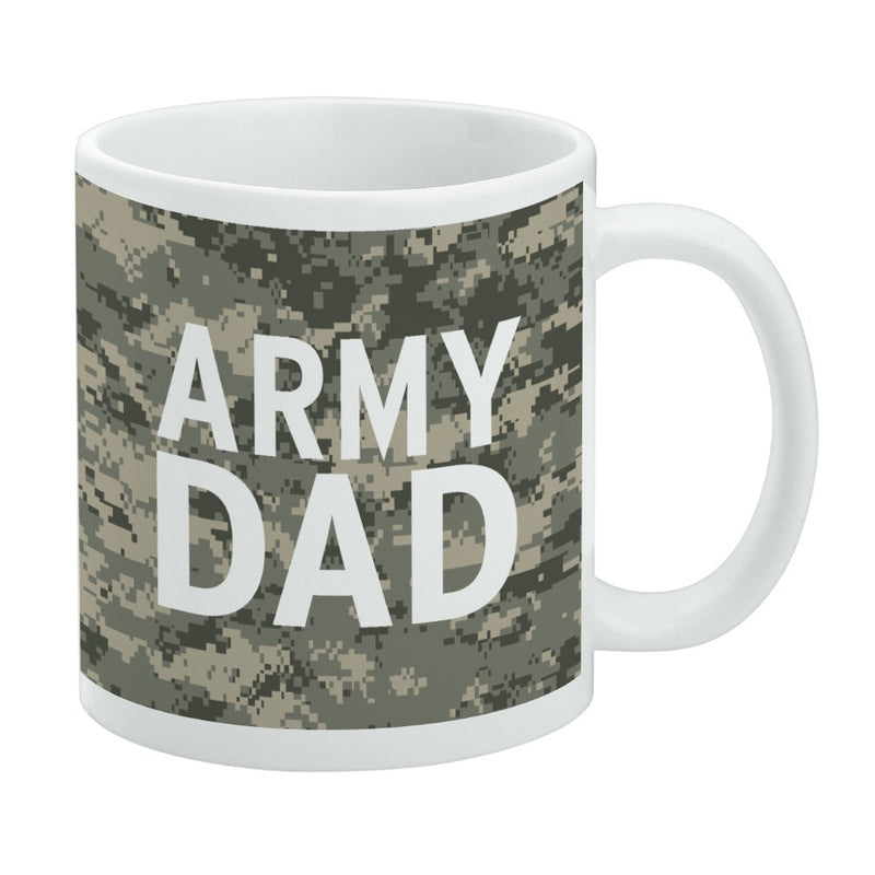 White mug with a green and tan digital camo pattern printed around the body featuring the text 'ARMY DAD' in large white letters across the front.