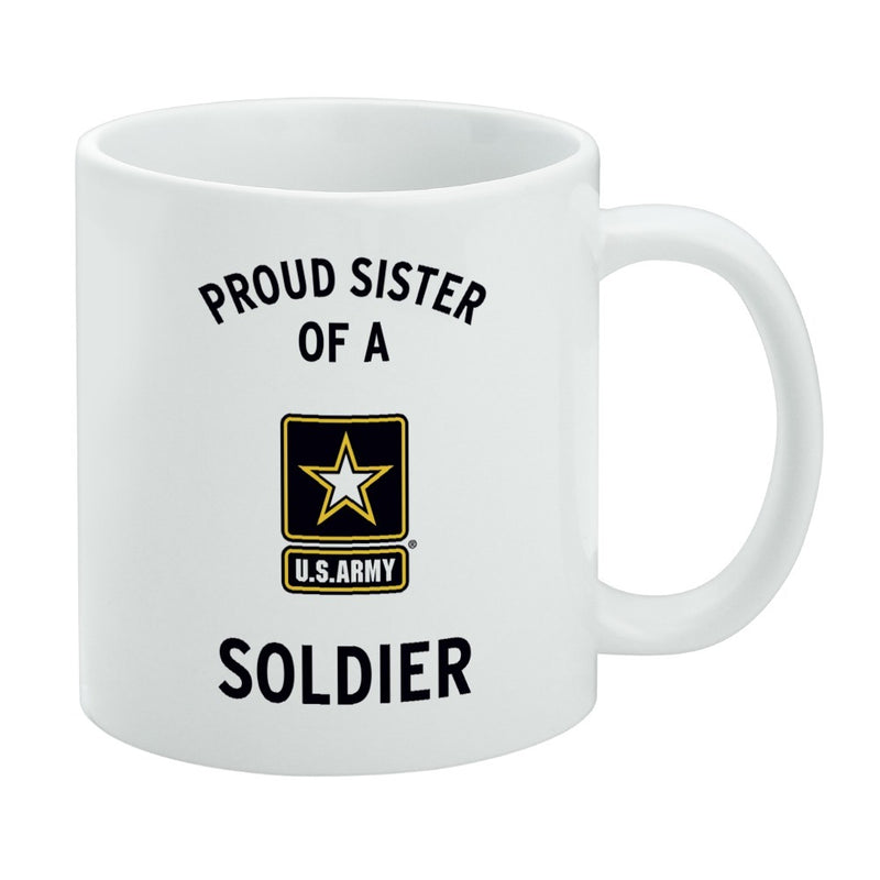 White ceramic mug featuring the U.S. Army star logo with the text 'PROUD SISTER OF A SOLDIER' in black above and below it.