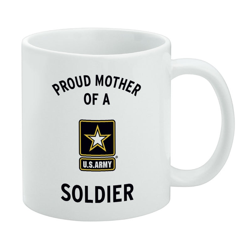 White ceramic mug featuring the U.S. Army star logo with the text 'PROUD MOTHER OF A' above it and 'SOLDIER' below it in black.