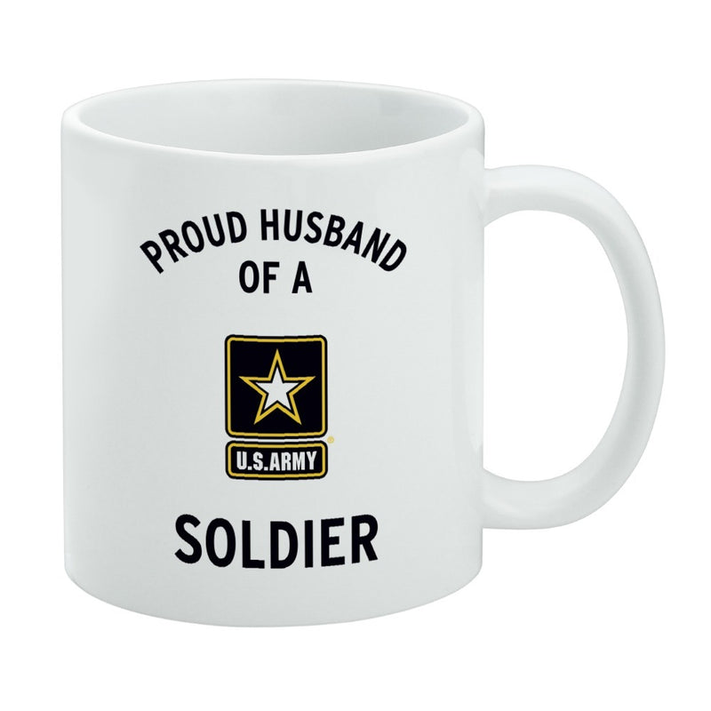 White ceramic mug featuring the U.S. Army star logo with the text 'PROUD HUSBAND OF A' above it and 'SOLDIER' below it in black.