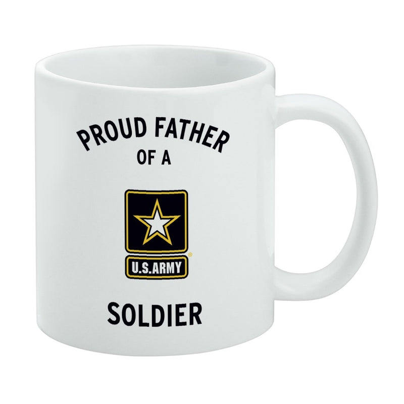White mug featuring the U.S. Army star logo with the text 'PROUD FATHER OF A' above it and 'SOLDIER' below it in black.