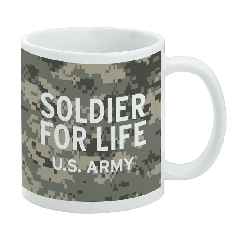 White mug with a green and tan digital camouflage pattern featuring the text 'SOLDIER FOR LIFE' in white with 'U.S. ARMY' below it on the front.