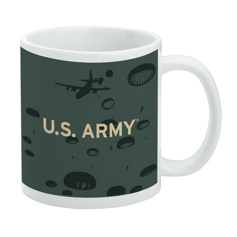 Dark green mug featuring a pattern of black parachutes and a cargo plane with the text 'U.S. ARMY' in tan across the center.
