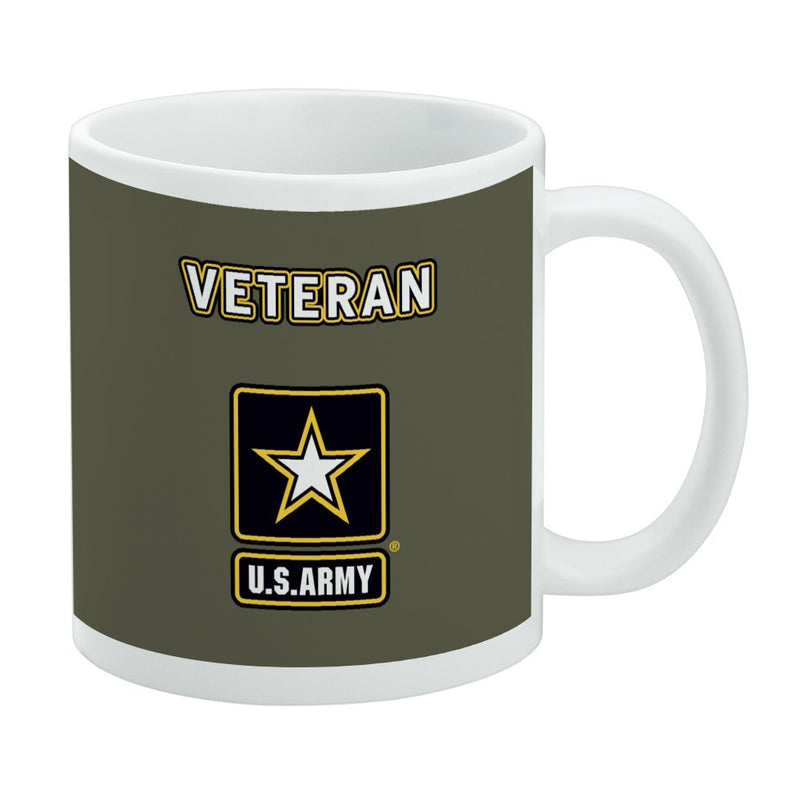 Olive green coffee mug with a white rim featuring the U.S. Army star logo with the text 'VETERAN' in white above it and 'U.S.ARMY' below it.