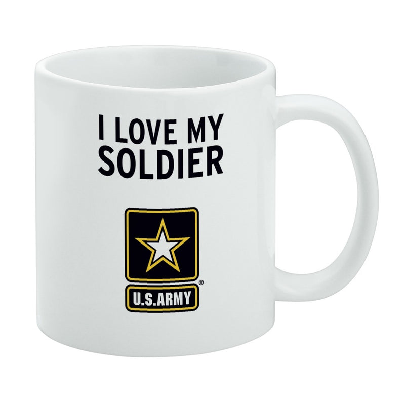 White ceramic mug featuring the U.S. Army star logo with the text 'I LOVE MY SOLDIER' in black above it and 'U.S. ARMY' in black below the logo.