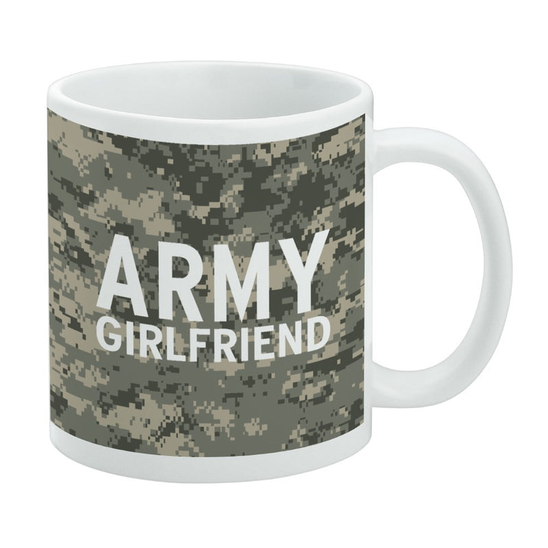 White mug with a digital camouflage pattern wrapping around the body featuring the text 'ARMY GIRLFRIEND' in white capital letters across the center.