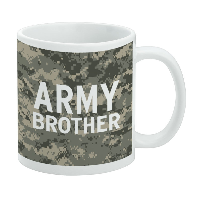 White mug with a digital camouflage pattern in green and tan featuring the text 'ARMY BROTHER' in large white letters across the front.