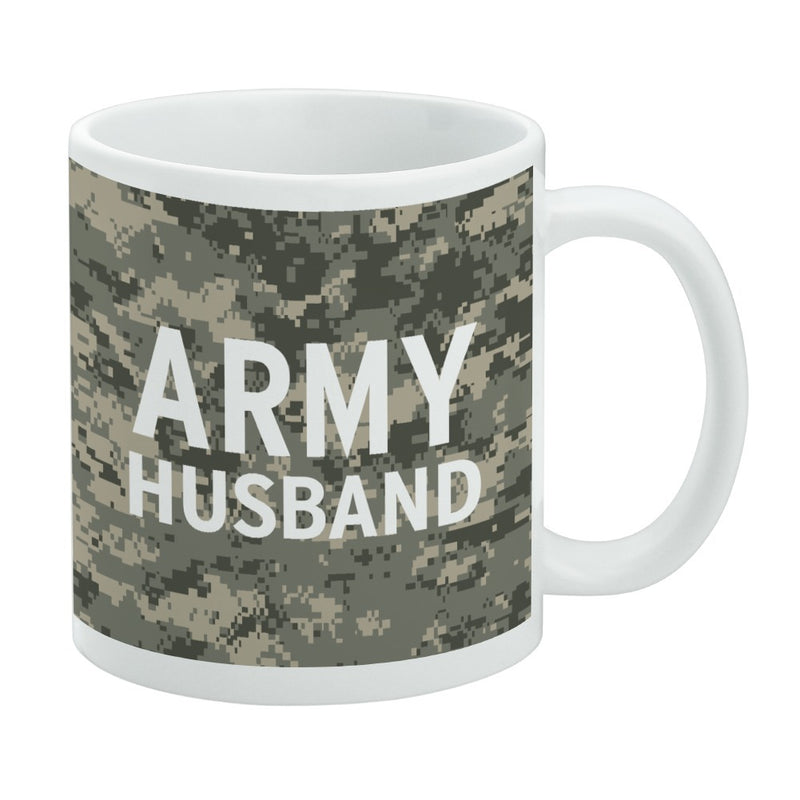 White mug with a digital camouflage pattern featuring the text 'ARMY HUSBAND' in white capital letters across the front.