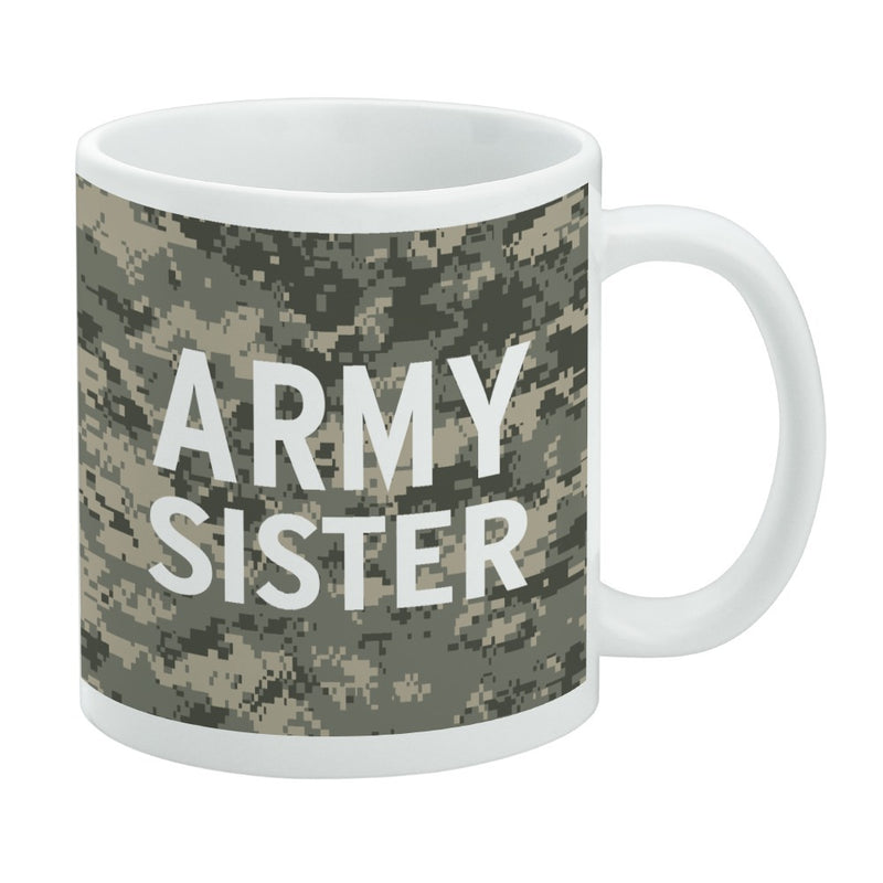 White mug with a green and tan digital camouflage print featuring the text 'ARMY SISTER' in white capital letters across the front.