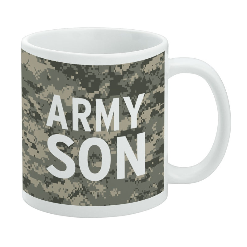 White ceramic mug with a digital camouflage pattern wrap featuring the text 'ARMY SON' in large white letters on the front.
