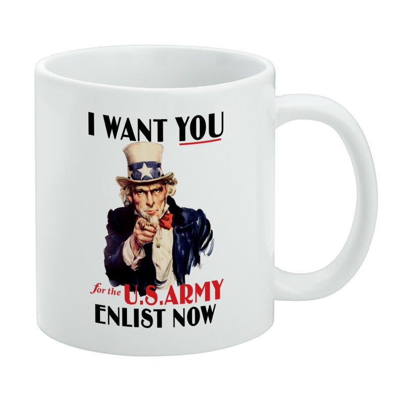 White mug featuring a vintage Uncle Sam poster with the text 'I WANT YOU' in black above and 'ENLIST NOW' in black below