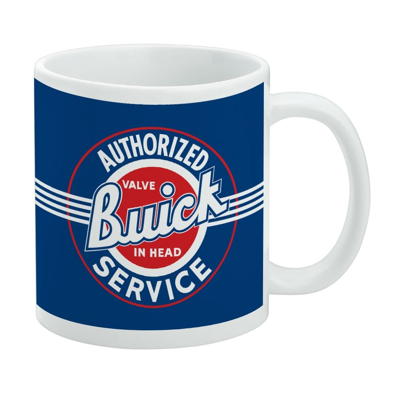 Blue ceramic mug featuring the Buick Authorized Valve In Head Service logo with the text 'Buick' in white and red on a red circle.