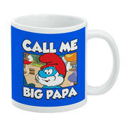 Royal blue mug featuring Papa Smurf in a cartoon scene with the text 'CALL ME BIG PAPA' in white above and below the image.