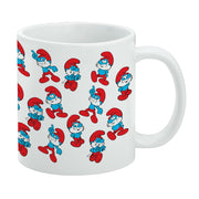 Side view of white ceramic mug featuring a repeating pattern of red-capped Papa Smurf characters in varied poses.