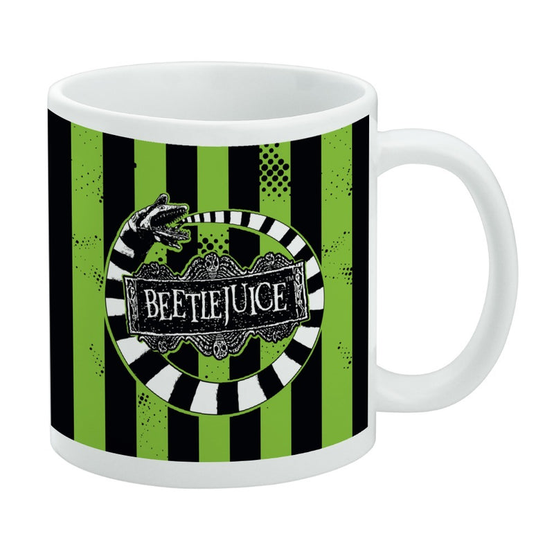 White mug featuring green and black stripes with a black and white Beetlejuice sandworm and title logo with the text 'BEETLEJUICE' in white.