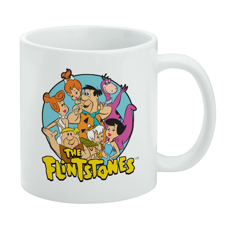 White mug featuring a circular group portrait of The Flintstones characters with the text 'The Flintstones' in yellow below it.