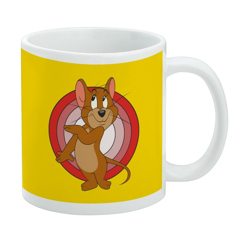Yellow ceramic mug featuring a cartoon Jerry mouse standing in front of concentric red and pink circles, with a white rim and handle on the right.