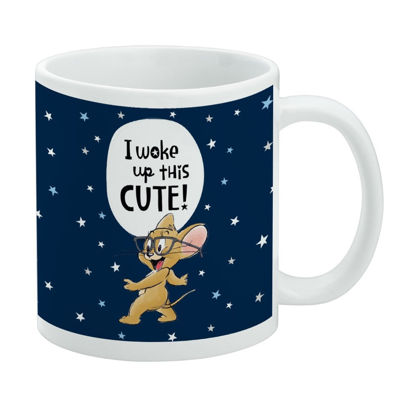 Navy ceramic mug with white rim featuring Jerry with the text 'I woke up this CUTE!' in black in a speech bubble above him